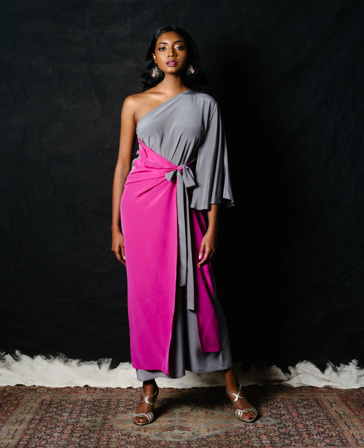 Silk One Shoulder Wrap Dress